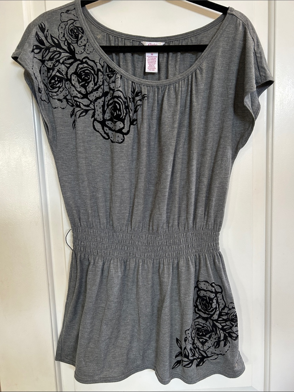 Candie's Gray Scoop Neck Top with Black Roses